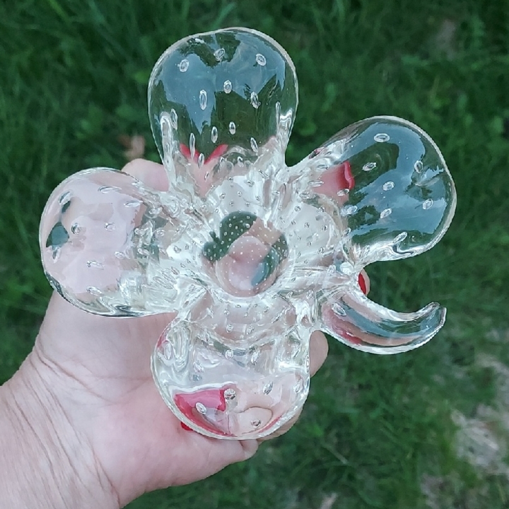 Murano Style Clear Glass Flower Accent. 3" High  5" Wide